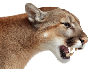 Close-up profile of a cougar's head and neck, showing a fierce expression