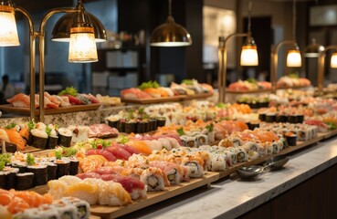 Fototapeta premium Sushi bar with long counter featuring white, colorful sushi rolls in grid pattern. Warm light from lamps creates cozy atmosphere in restaurant interior. Counter with sushi extends from foreground to