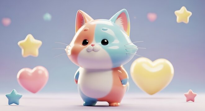Cute Cartoon Kitten with Hearts and Stars, Pastel Colors, Kawaii Style