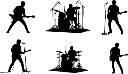 Silhouette of a band performing with guitars and microphones on a white background in a concert setting | eps vectors
