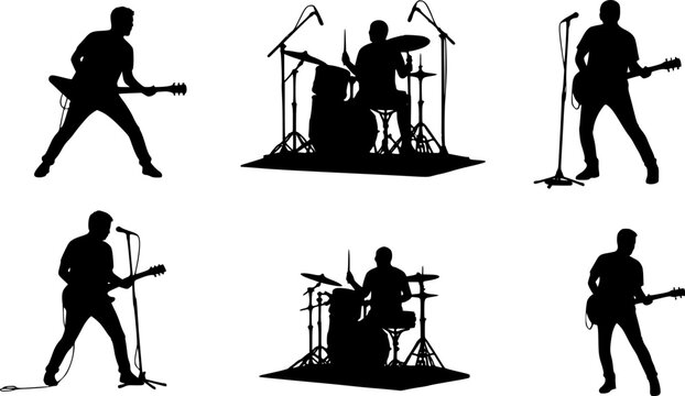 Silhouette of a band performing with guitars and microphones on a white background in a concert setting | eps vectors
 - Powered by Adobe