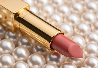 Glamorous makeup with luxurious red lipstick and a gold tube, isolated on a white background, exuding fashion and elegance