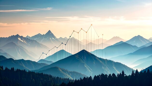 Panoramic mountain range at sunrise with overlayed upward trending graph