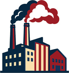Obraz premium A stylized illustration of a factory with red and blue smoke against a cream colored background art