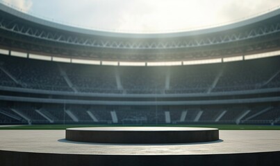 Empty round podium in a large stadium under sunlight. Ideal for sports promotions, award ceremonies, presentations, advertising templates, or product mockups with a competitive theme.