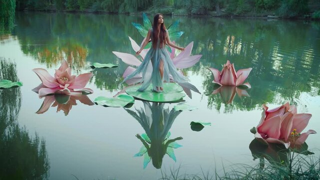 fashion model girl little fairy poses throws skirt fabric blue dress creative photography process. sexy elf woman. pixie costume butterfly wings, River lake pink decor water lily flowers green tree