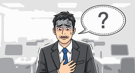 Illustration of a stressed businessman with a look of fear and a question mark, symbolizing workplace anxiety and confusion