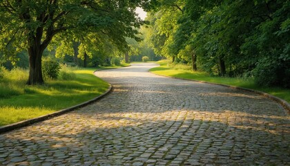 Scenic winding path through lush green park with cobblestone surface in afternoon light. Sun shines through trees, creating shadows. Peaceful natural scene for relaxation.