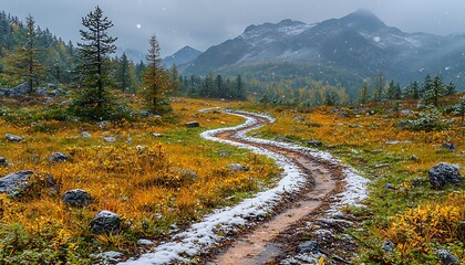 Winding mountain trail through autumnal meadow, covered in light snow.