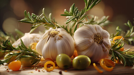 Garlic and Rosemary Still Life: Capturing the essence of fresh ingredients and culinary preparation.