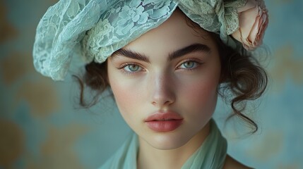 A centered model with sunset rose curls, wearing a lace scarf and mint turban, romantic Vogue styling, soft pastel glow