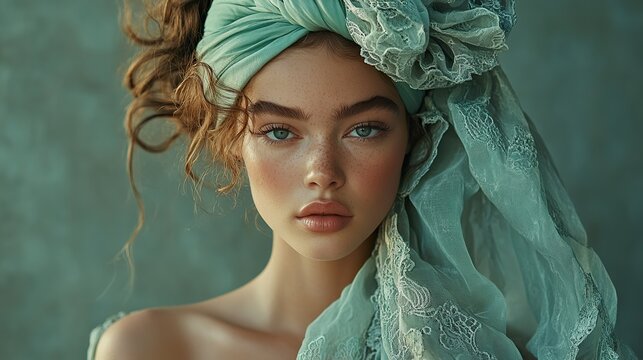 A centered model with sunset rose curls, wearing a lace scarf and mint turban, romantic Vogue styling, - Powered by Adobe