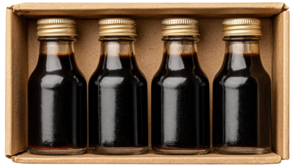 Four small, dark bottles of liquid, nestled in a cardboard box.  Gold-toned lids