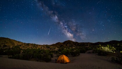 Milky Way and Perseid above rolling desert hills&mdash;warm horizon and starry expanse create a peaceful nocturnal panorama
