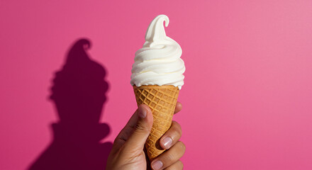 Hand holding a vanilla soft serve ice cream cone against a vibrant pink backdrop with its shadow casted