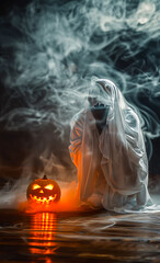 Naklejka premium Scary ghost figure with glowing jack-o’-lantern and spooky smoke. Perfect Halloween horror background for eerie, creepy, and mysterious seasonal designs.