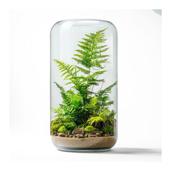 A glass terrarium with ferns and moss inside, placed on a white surface.