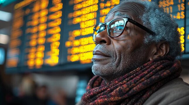Thoughtful Senior Man at Train Station with Digital Display in Background