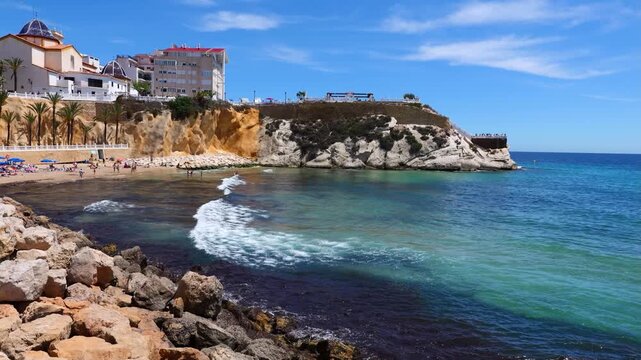 Panorama of the Playa del mal pas in Benidorm on the Costa Blanca coast of the Mediterranean, Spain.