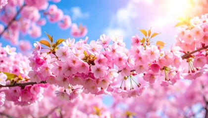 Vibrant pink cherry blossoms against a bright blue sky