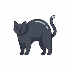 Obraz premium A cartoon illustration of a black cat with green eyes standing with an arched back, isolated on a white background.