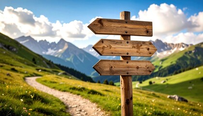 Scenic Mountain Landscape with Wooden Signpost and Hiking Path Surrounded by Lush Greenery and Majestic Peaks under a Blue Sky