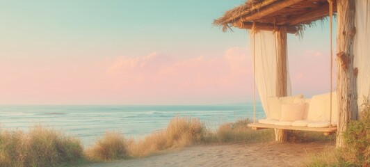Obraz premium Minimalist Pale Yellow Fabric Swing by the Ocean — Serene Morning Beach Scene with Soft Light