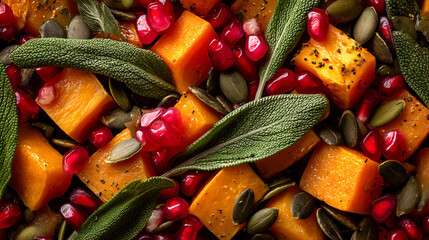 Roasted winter squash with pomegranate seeds, sage, and pumpkin seeds arranged in an appetizing display.