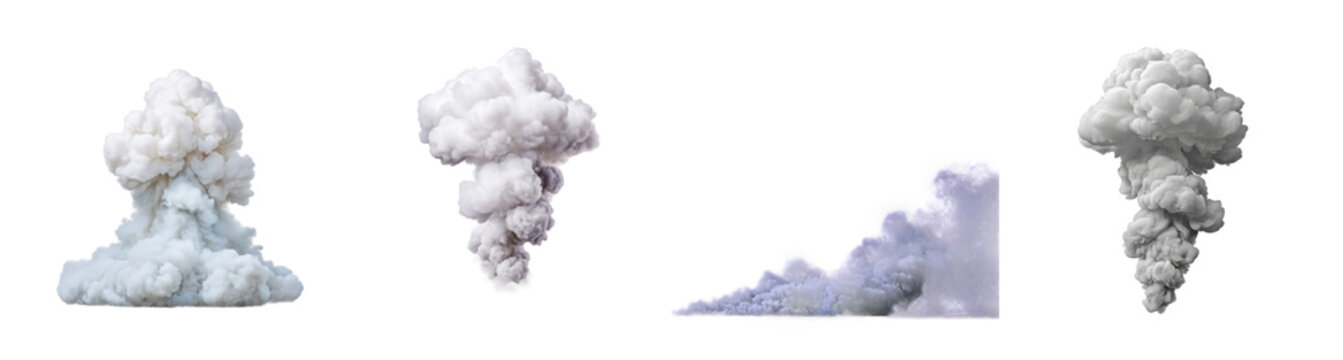 Set of smoke plumes isolated on a transparent background, varying shapes and densities evoke different atmospheric conditions, useful for digital art and design