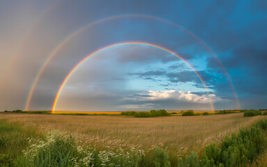 Naklejka premium A double rainbow over a field under a cloudy sky at daytime