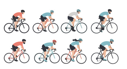 Diverse Group of Cyclists Riding Bicycles, Vector Illustration for Sports, Fitness, and Active Lifestyle Content. Suitable for Cycling Event Promotion and Fitness Campaigns.