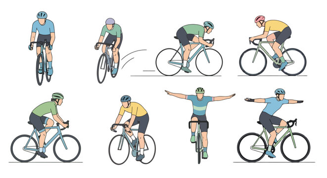 Diverse Cyclist Poses and Angles for Sports Illustration, Training Guides, and Active Lifestyle Content; Perfect for cycling articles and fitness campaigns.
