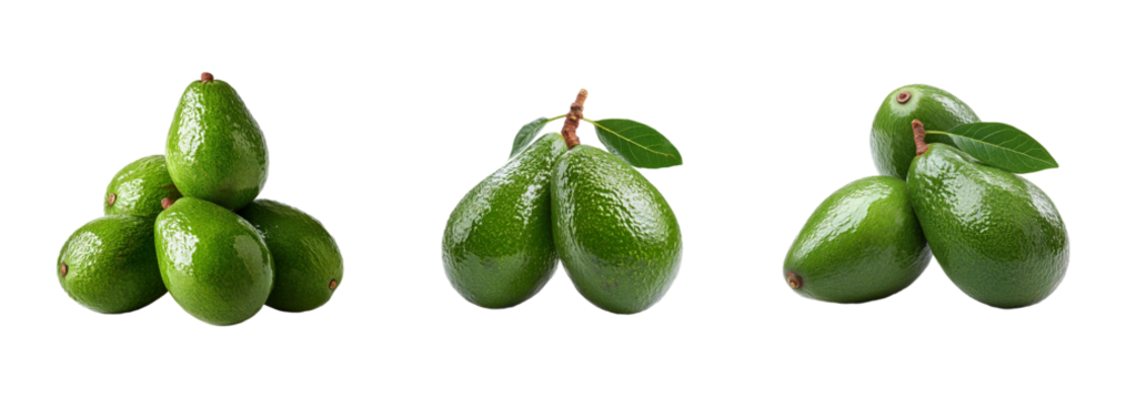 A collection of fresh green avocados isolated on a transparent background, showcasing glossy textures and vibrant colors, perfect for healthy eating themes