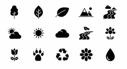 Vector simple nature icons including leaf, mountain, river, sun, cloud, and flower