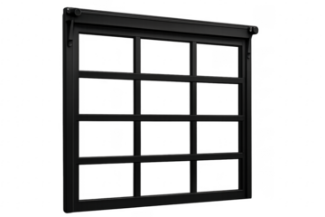 Black metallic garage door closing on transparent background