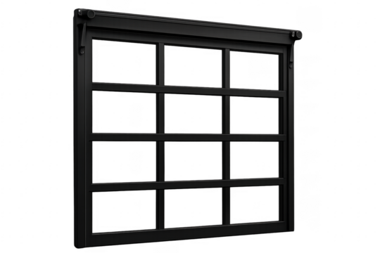 Black metallic garage door closing on transparent background