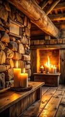 Cozy ambiance with warm candlelight flickering on rustic wooden beams and stone hearth