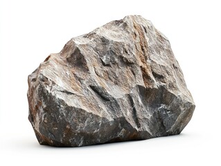 A single rugged mountain rock with natural cracks and weathered texture, slowly rotating on a clean pure white background. 