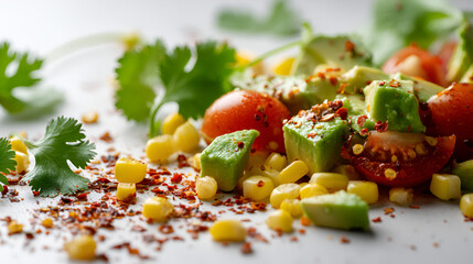 Fresh salad with avocado, corn, and tomatoes with cilantro and red pepper flakes on white plate.