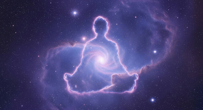 Soft Indigo and Violet Cosmic Nebula Forming Faint Meditating Figure Spiritual Awakening Mystical Meditation Enlightenment Christianity JPG