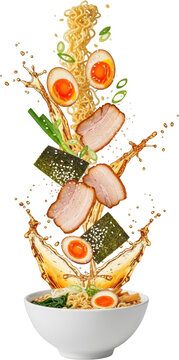Ramen noodles with pork soft boiled eggs seaweed and broth splashing upwards pork belly softboiled egg transparent background