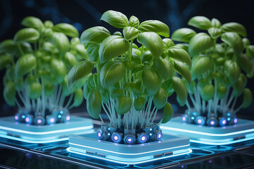 Vibrant basil plants thrive in futuristic hydroponic system with glowing blue neon accents, representing smart agriculture.