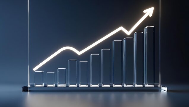 Futuristic glowing data visualization graph with neon light bars and line chart on dark background