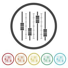 Sound mixer controller icon. Set icons in color circle buttons