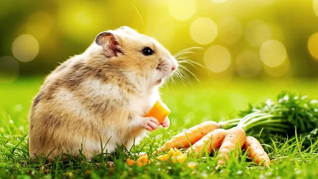 Cute fluffy hamster eating carrots on the grass field