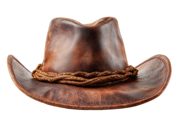 A weathered brown leather cowboy hat with braided trim