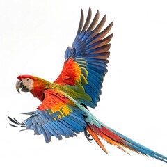 Colorful parrot isolated on white background with wings open.