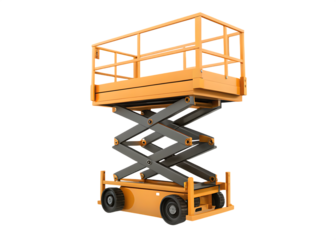 Orange scissor lift with grey mechanism isolated on a transparent background