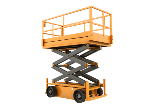 Orange scissor lift with grey mechanism isolated on a transparent background