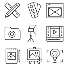 Creative Design Icons. Line style icons of creative and design services: pencil with ruler icon, color palette symbol, wireframe